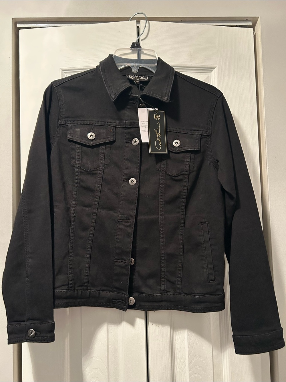 DG2 by Diane Gilman Black Jean Jacket with Pink & Lavender Floral Embroidery - Picture 2 of 4